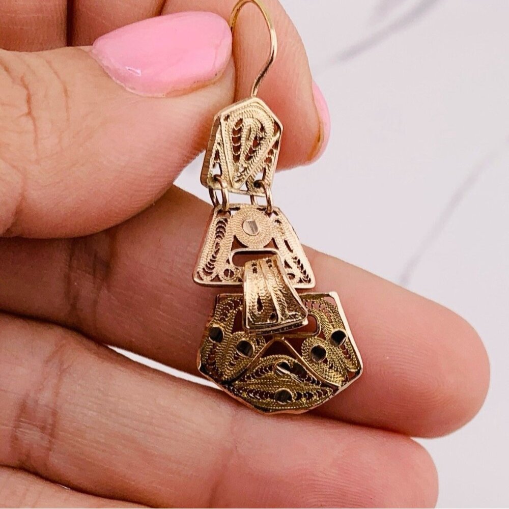 10k Solid Gold Earrings Dangle Mexican Traditiona… - image 2